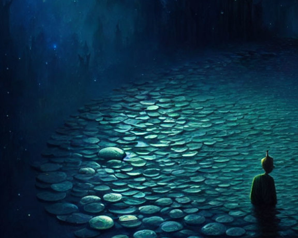 Person sitting on stone path among lily pads under starry night sky