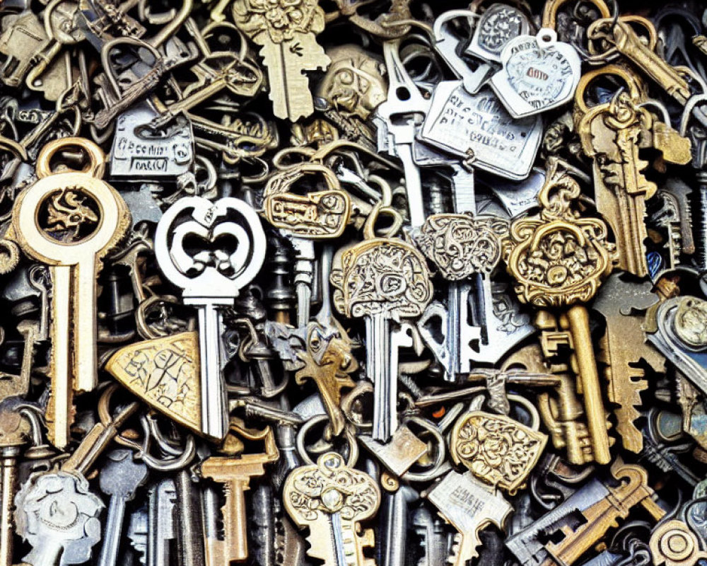 Collection of antique-style metal keys in various shapes and sizes