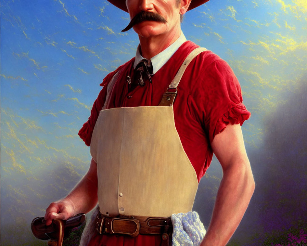 Mustachioed man in red shirt and hat holding sword against scenic backdrop