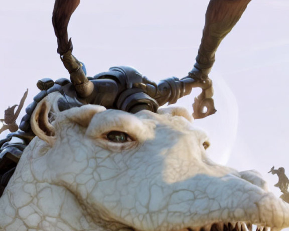 Detailed close-up of fantastical dragon creature with scales, horns, and sharp teeth against pale sky