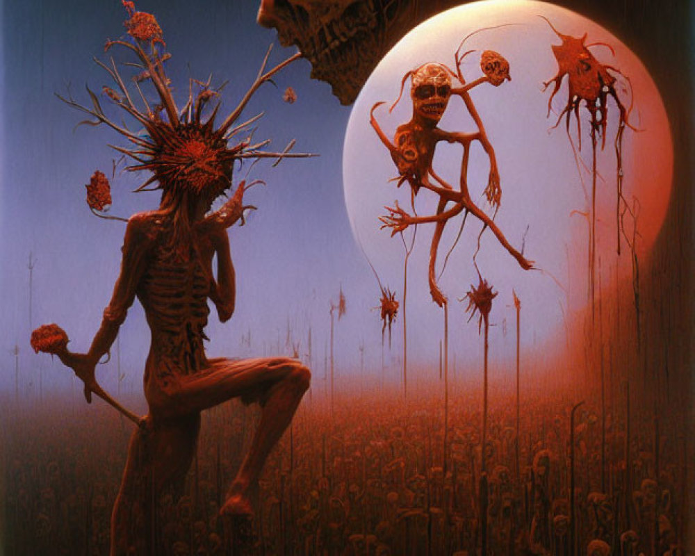 Macabre fantasy scene with skeletal figures and skulls under a large moon