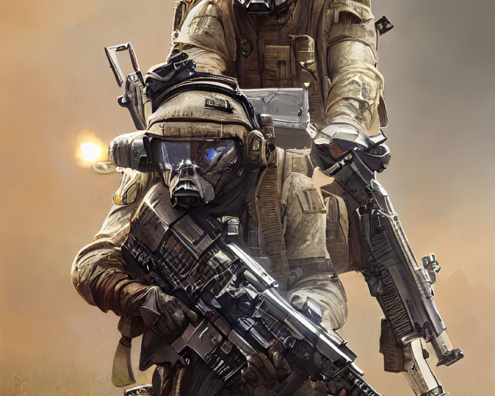 Futuristic soldiers in high-tech gear with rifles on battlefield backdrop