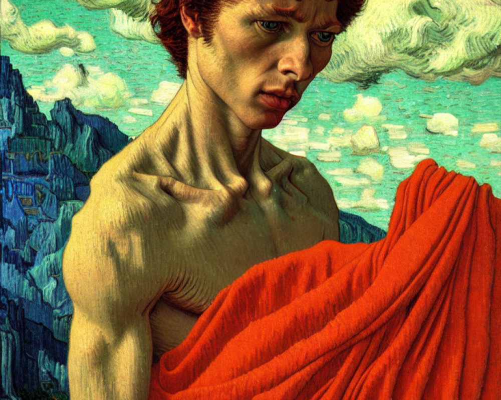 Intense gaze person with curly hair holding orange cloth against mountain backdrop