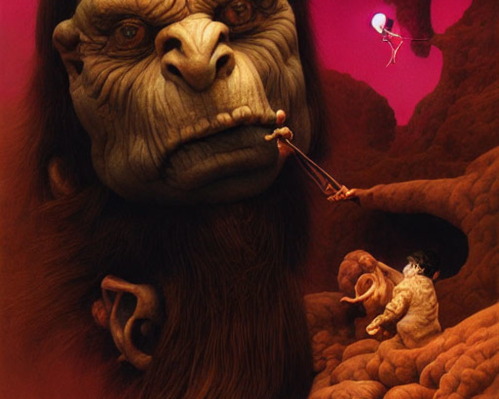 Surreal artwork of large gorilla-like creature with human in red rock environment