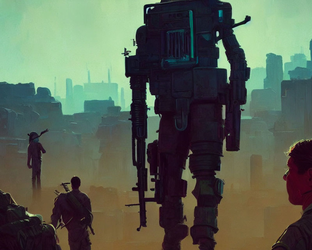 Dystopian soldiers and giant mech in decrepit cityscape