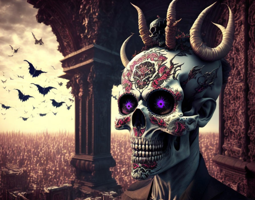 Skull with floral patterns, purple eyes, ram-like horns, birds in dystopian setting.