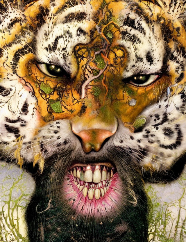 Artistic representation: Human face merged with tiger features - stripes, fur texture, green eyes