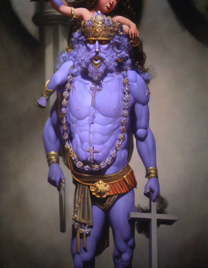 Blue-skinned muscular statue with gold crown, sword, and child.