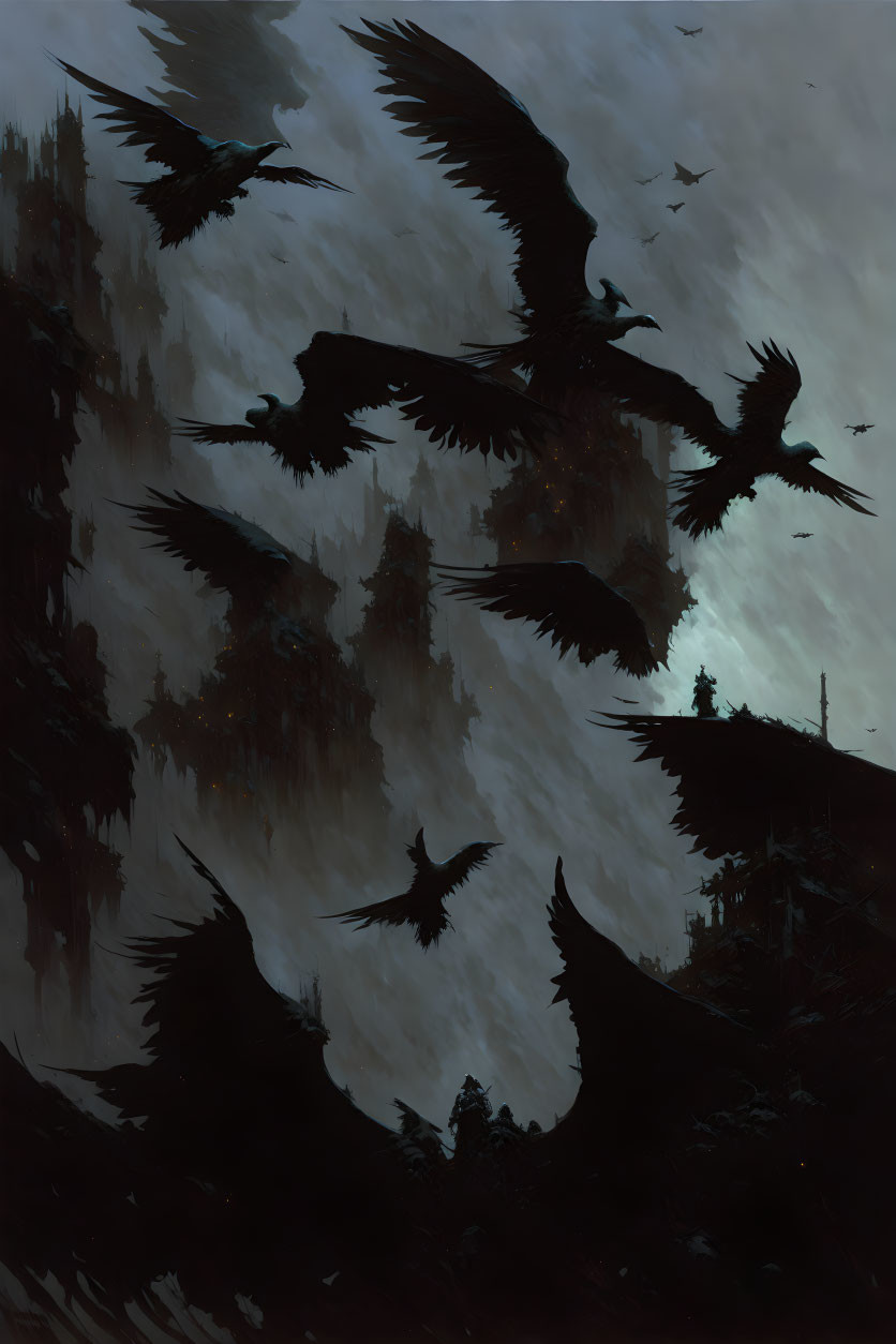 Large Dark Birds Flying Over Rocky Mountainous Terrain at Dusk