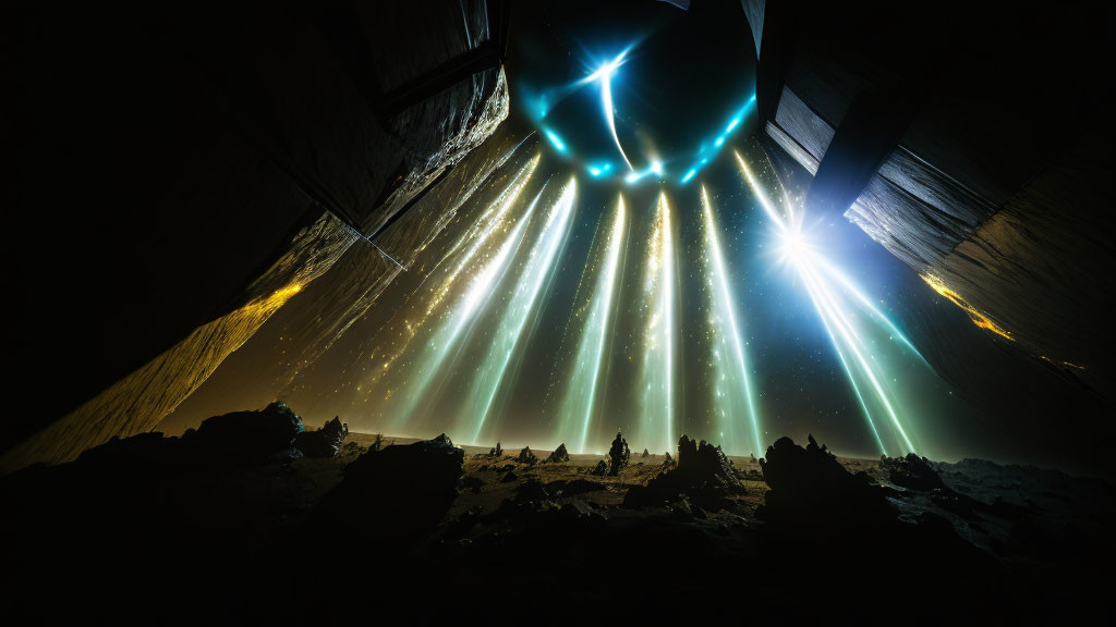 Silhouetted People in Cavernous Space with Light Shafts