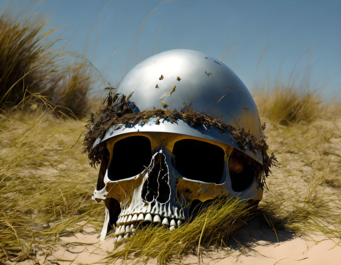 Silver Motorcycle Helmet on Skull in Desolate Landscape