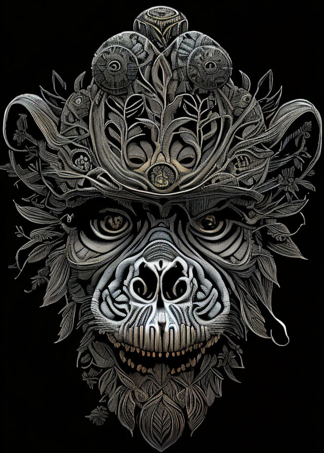 Detailed monochrome illustration of stylized mask with intricate patterns, eyes, gears, and floral motifs