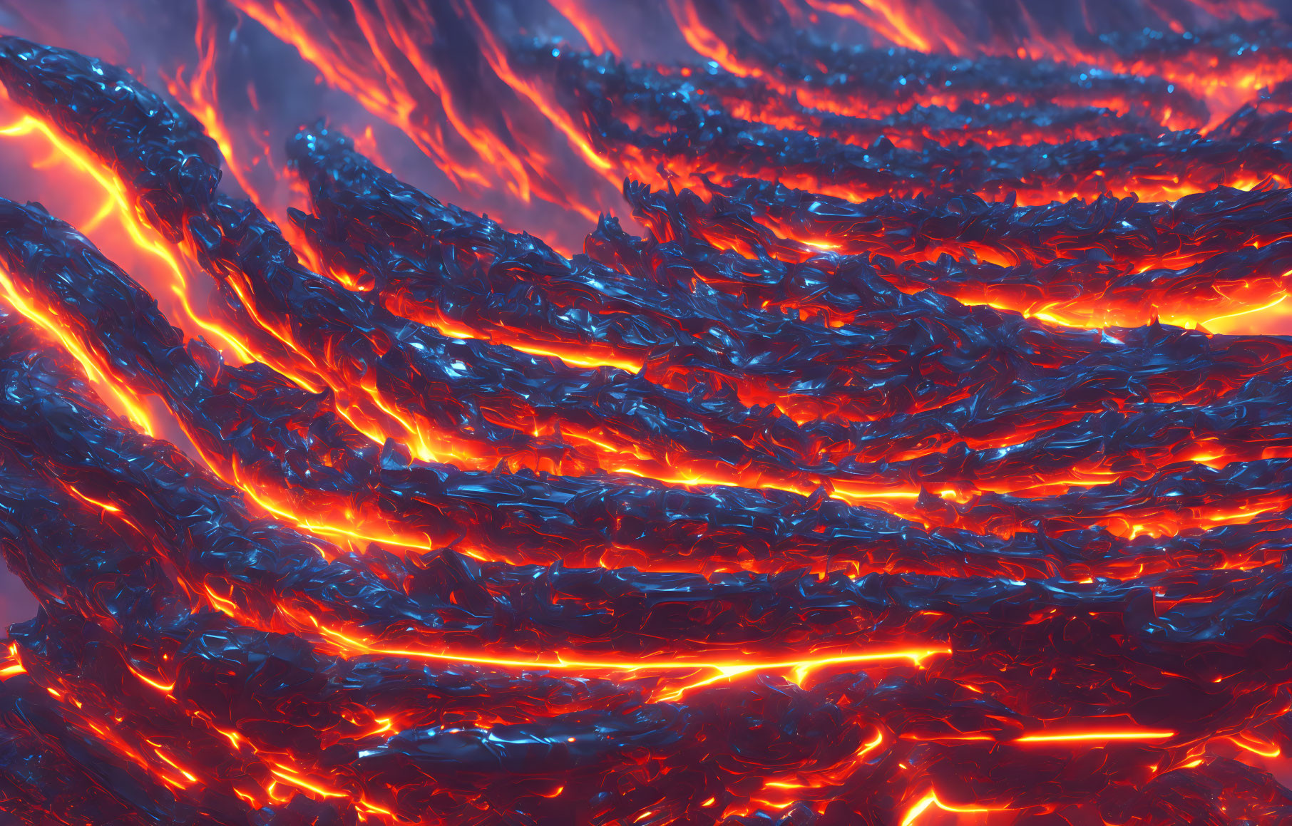 Abstract digital artwork: flowing lava in red and blue hues