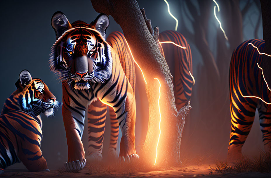 Surreal image: Glowing-outlined tigers in dim forest with thunderbolt and masked figure