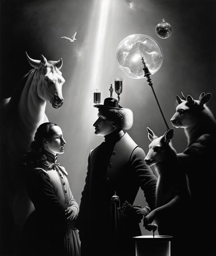 Monochrome surreal spotlight scene with people, animals, bird, and bubbles