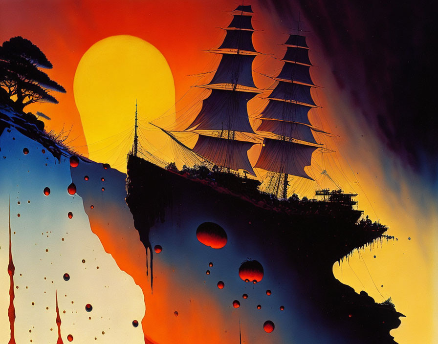 Surreal painting: Ship sailing on colorful sea with orange sun, trees, and orbs