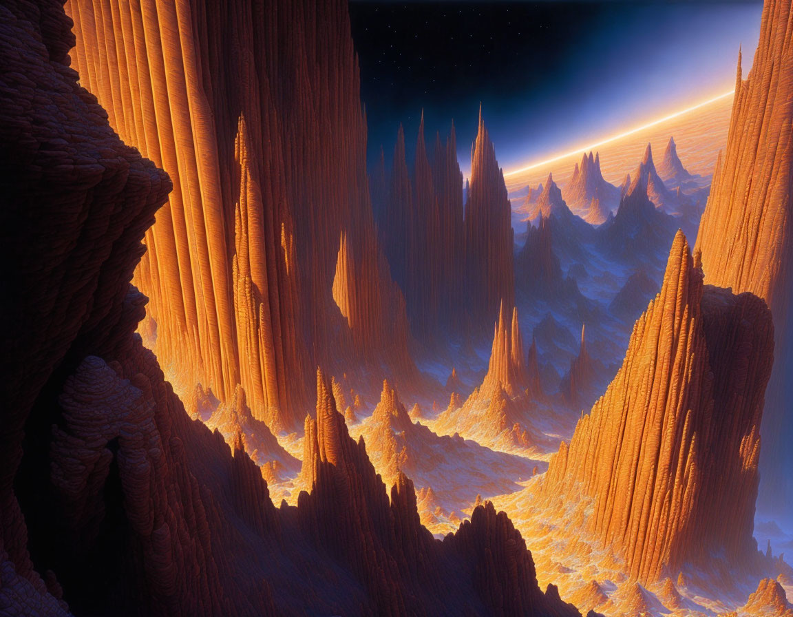 Surreal extraterrestrial landscape with towering rock spires under starry sky