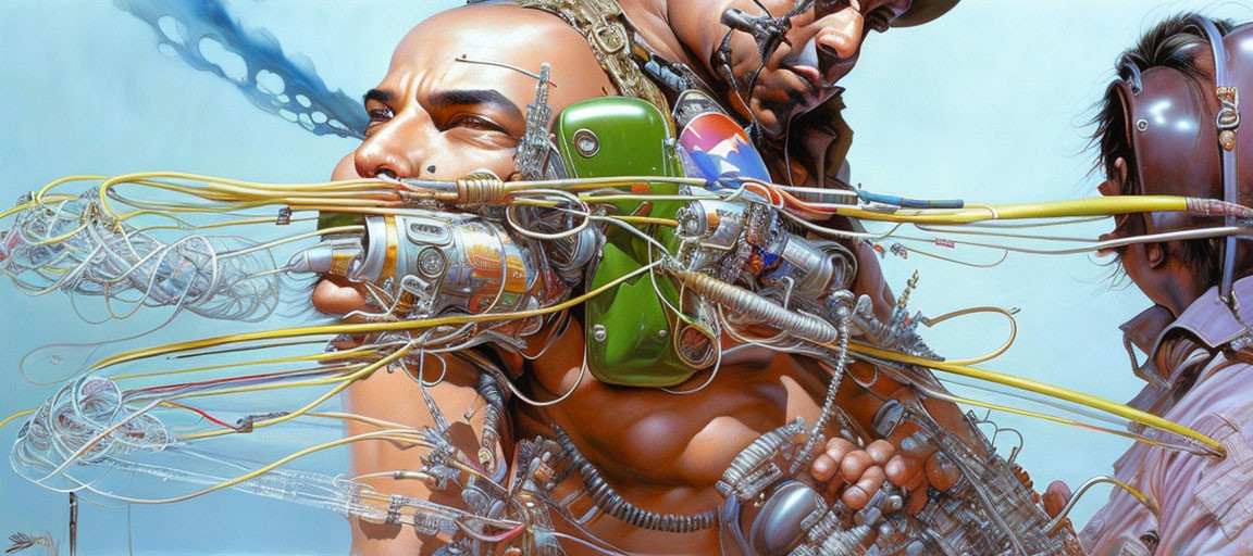 Futuristic artwork: People with mechanical enhancements under blue sky