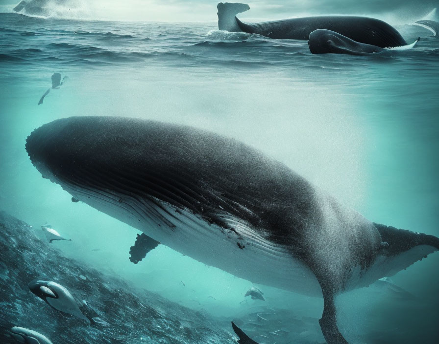 Humpback Whales Swimming with Fish in Blue Ocean