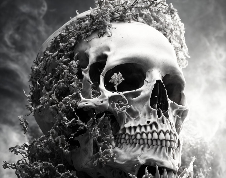 Monochrome human skull with moss-like growths on clouded background