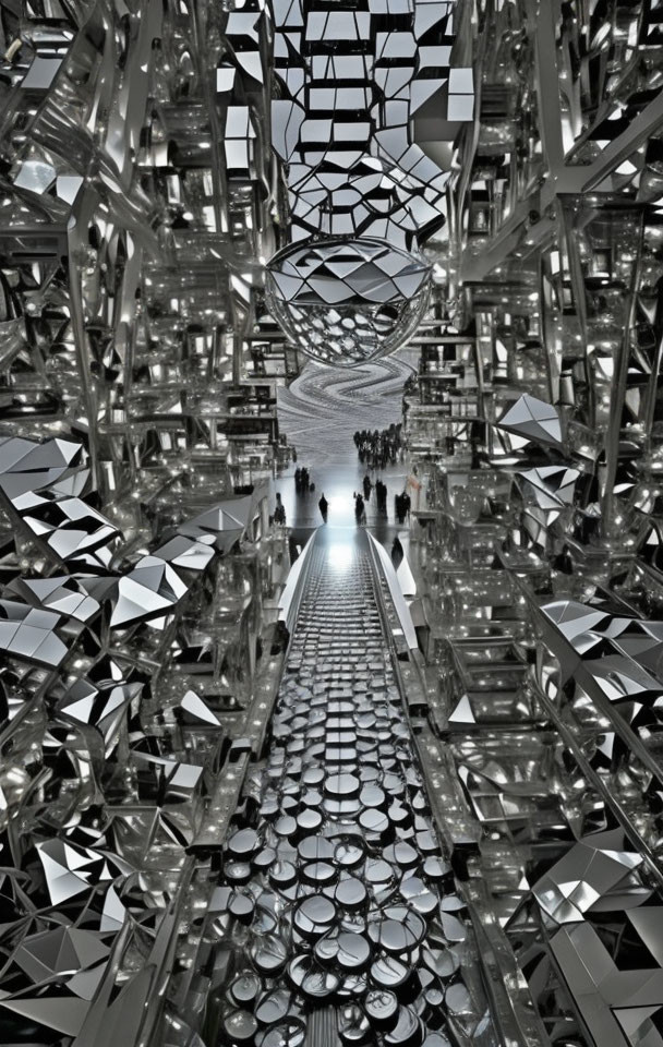 Futuristic monochrome corridor with mirrored walls and geometric patterns