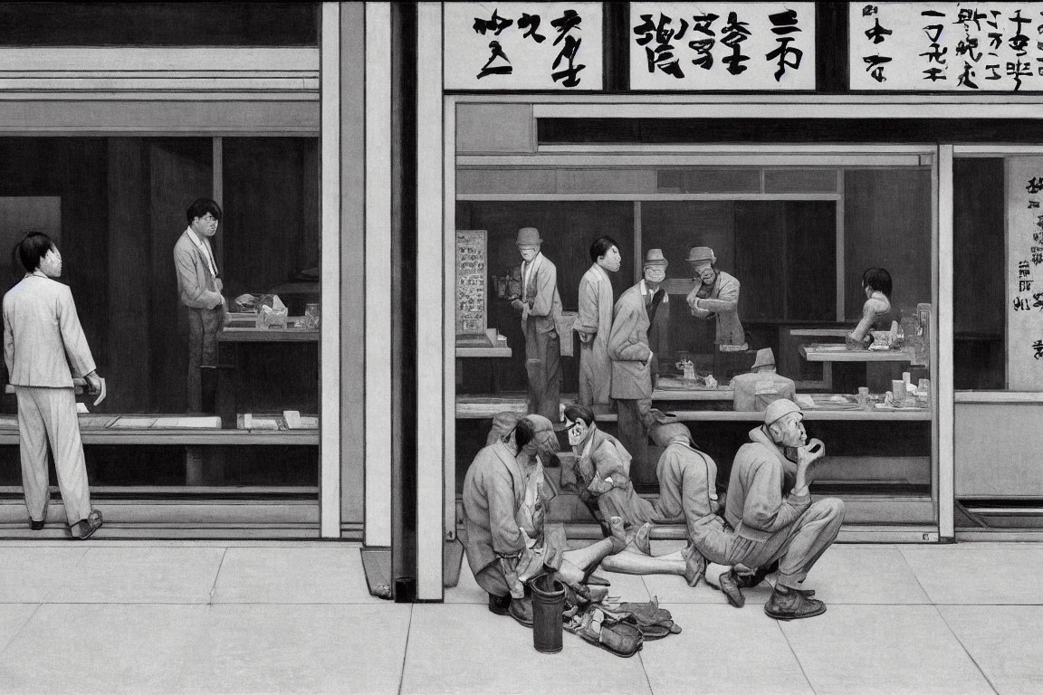 Monochrome street scene with workers outside a restaurant