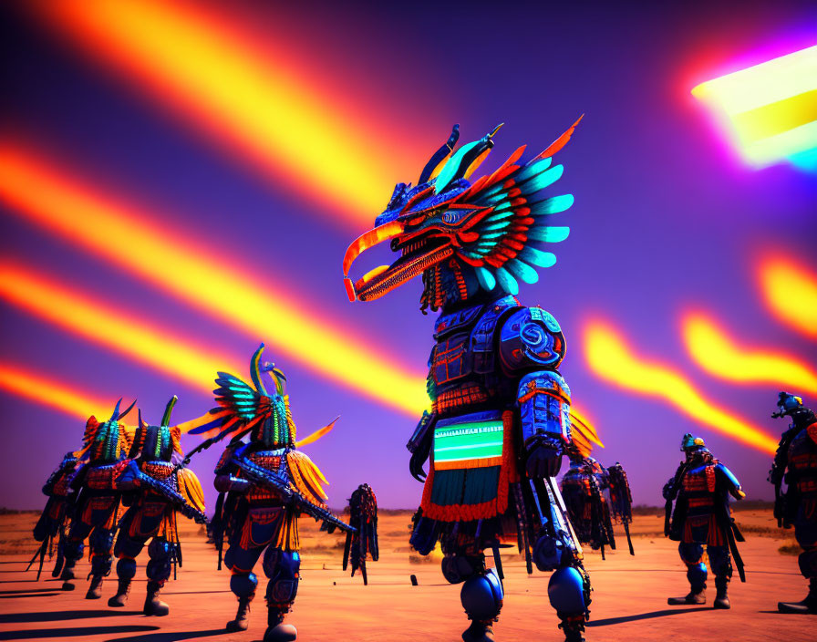 Colorful robotic dragon leads parade of smaller robots in desert under dramatic sky