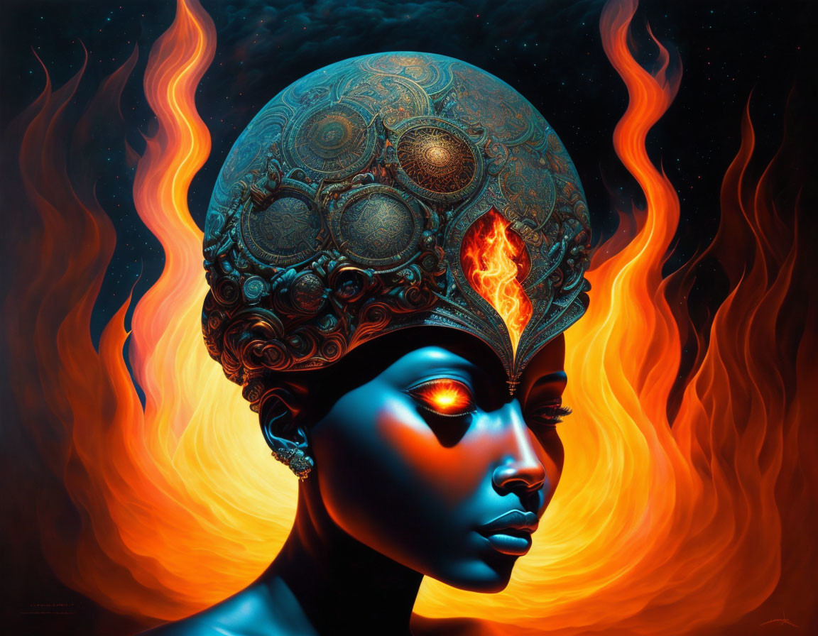 Surreal portrait of person with ornate headgear and fiery orange hair