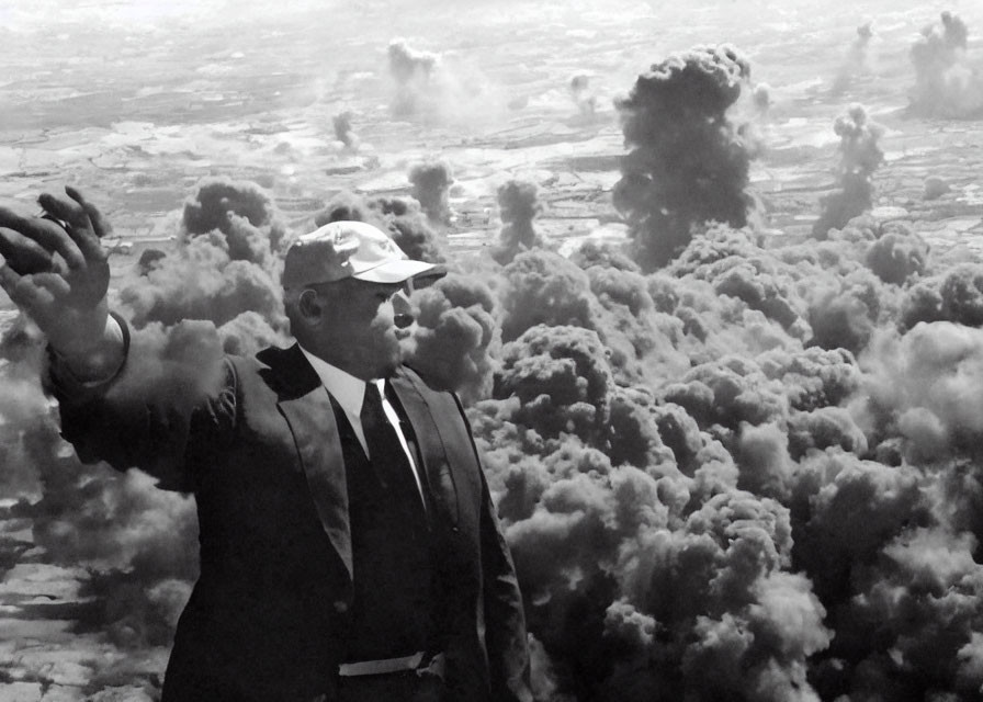 Man in suit and cap gesturing against billowing smoke clouds.