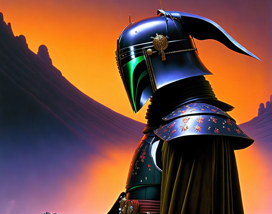 Armored Figure in Sunset Sky with Mountain Silhouettes