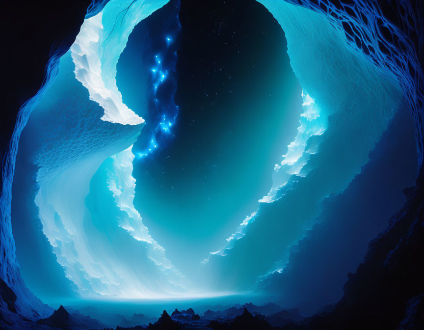 Mesmerizing Blue Glow and Ice Formations in Ice Cave