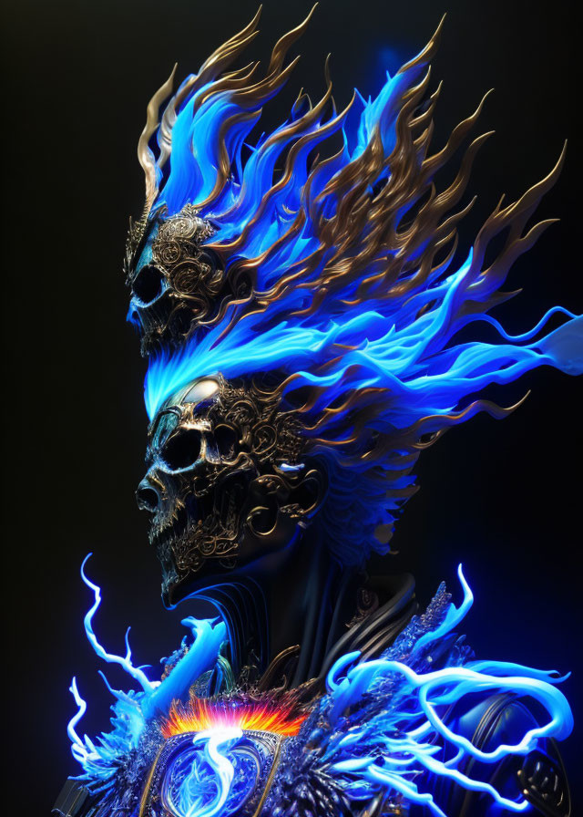 Digital Art: Two skulls with ornate crowns in blue flames on dark backdrop