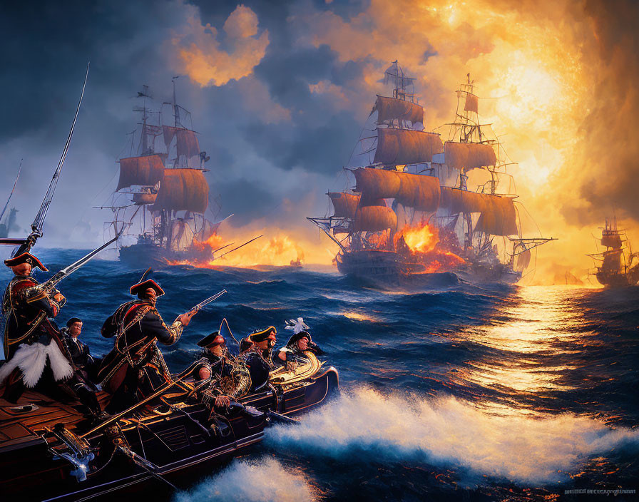 Intense naval battle scene with rowboat attack and fiery explosions