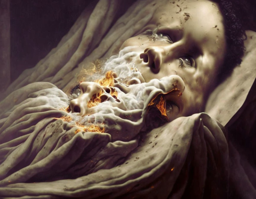 Surreal portrait of person with smoke and embers, draped cloth, fiery speech theme