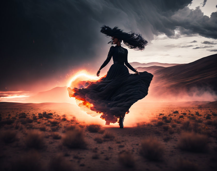 Woman in flowing dress in desert with billowing hair and gown against dramatic sunset landscape