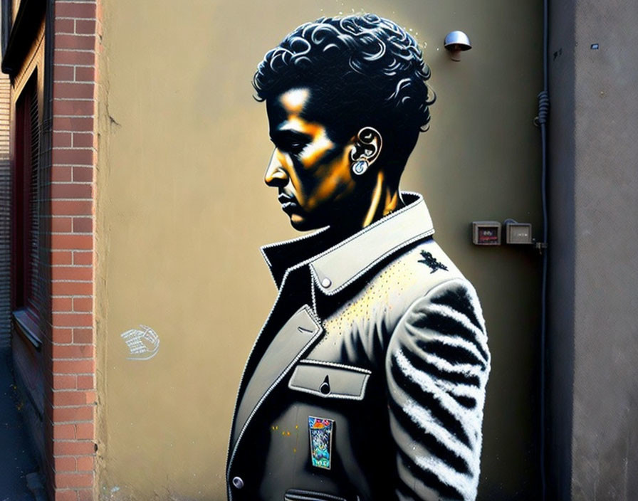 Urban wall mural featuring profile of person with detailed curly hair and stylish jacket.