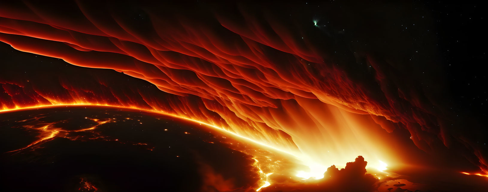 Fiery orange planet surface with molten lava and flames in cosmic scene