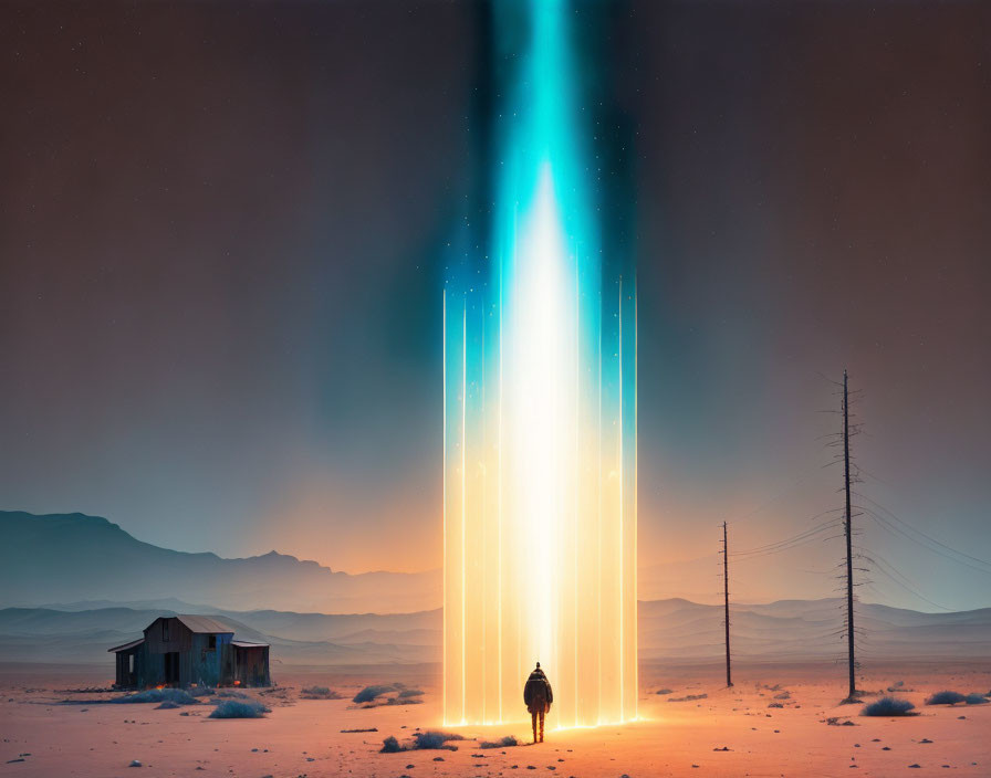 Person facing radiant light in desert landscape at dusk with house and power lines