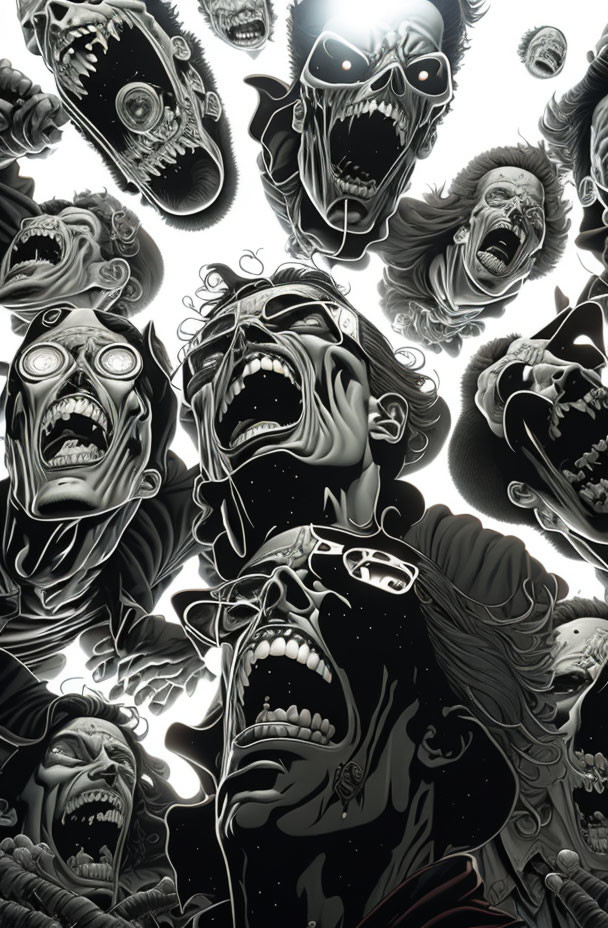 Monochrome illustration of expressive zombie faces with glasses, screaming or growling