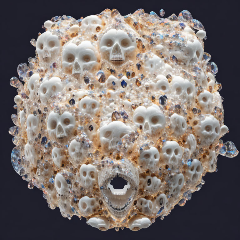 Surreal artwork featuring spherical cluster with human skull shapes embedded in foamy, crystalline structure