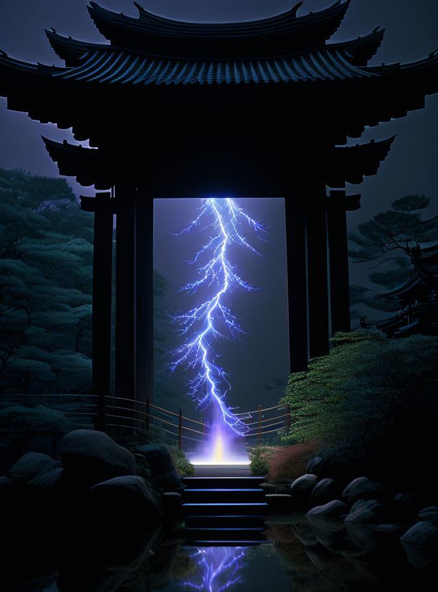 Traditional gate with illuminated lightning bolt at night