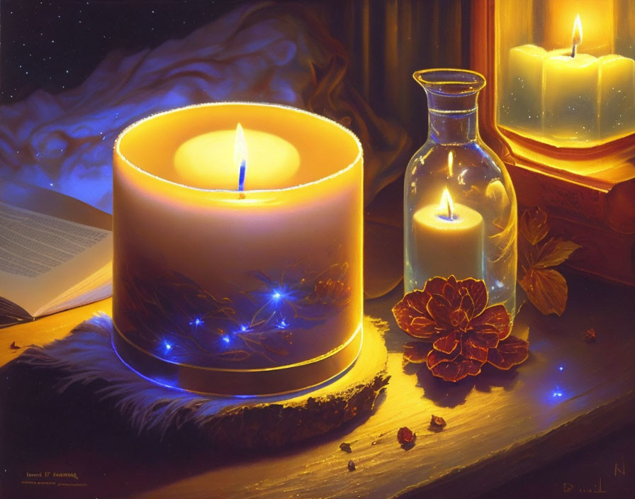 Tranquil Still Life with Lit Candles, Book, Bottle, and Autumn Leaves