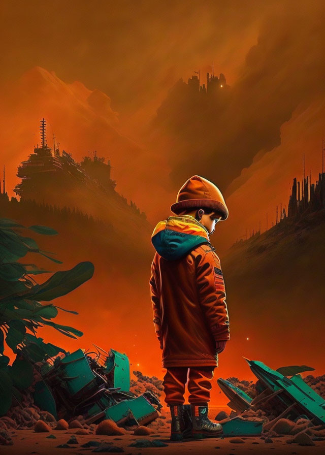 Orange spacesuit figure in barren landscape with wreckage and mountains under orange sky