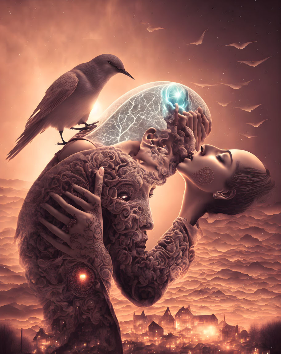 Surreal illustration of bearded figure with glowing orb and crow in amber sky