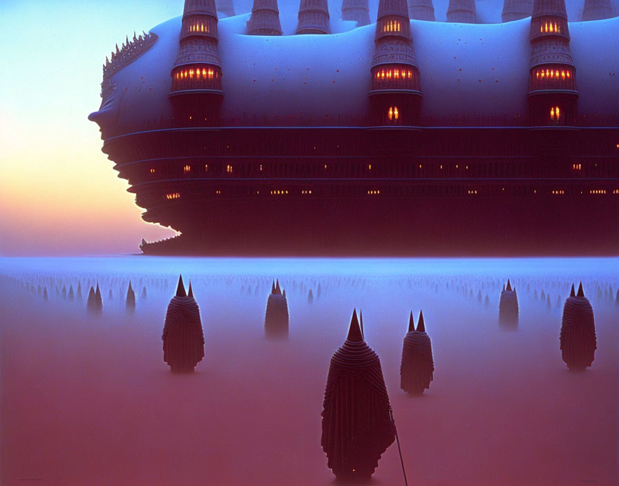 Floating city with illuminated windows above misty landscape at dusk