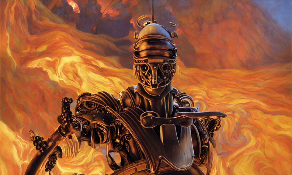 Armored robot knight with sword on rock in fiery lava backdrop