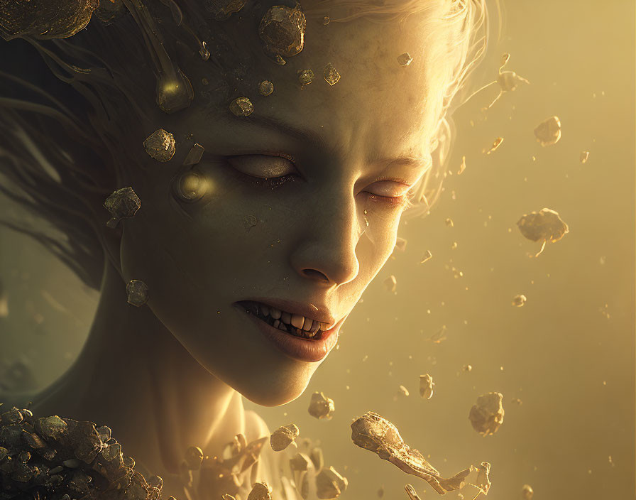 Ethereal female figure surrounded by floating golden particles