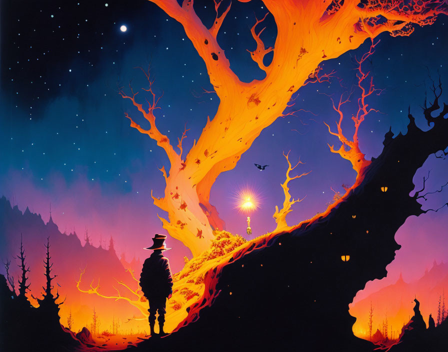 Silhouetted figure by vibrant flame-like tree under starry sky