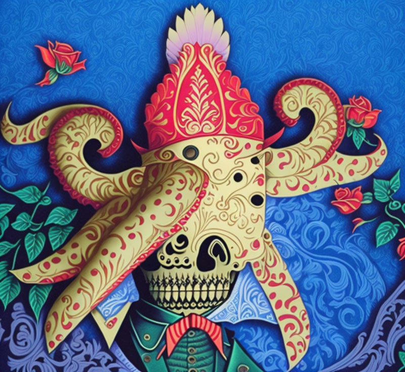 Colorful Skull Illustration with Tentacle Hat and Roses on Blue Patterned Background