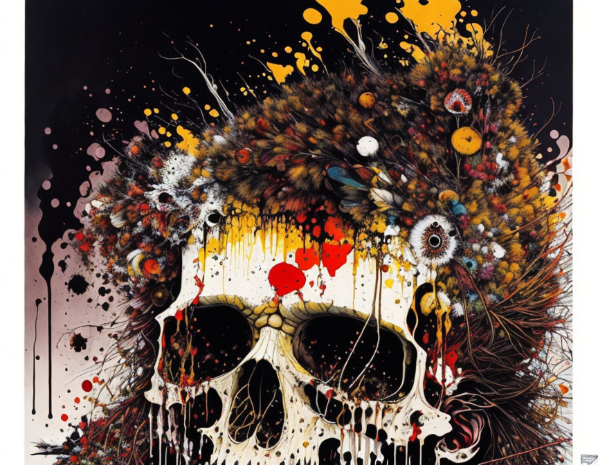 Colorful Flower Skull with Feathers on Starry Background